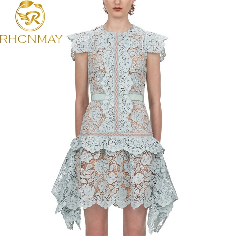 Summer Elegant Blue Lace Irregular Ruffles Mini Party Dress Women Runway O-neck Short Sleeve Floral Hollow Out Slim 210506
