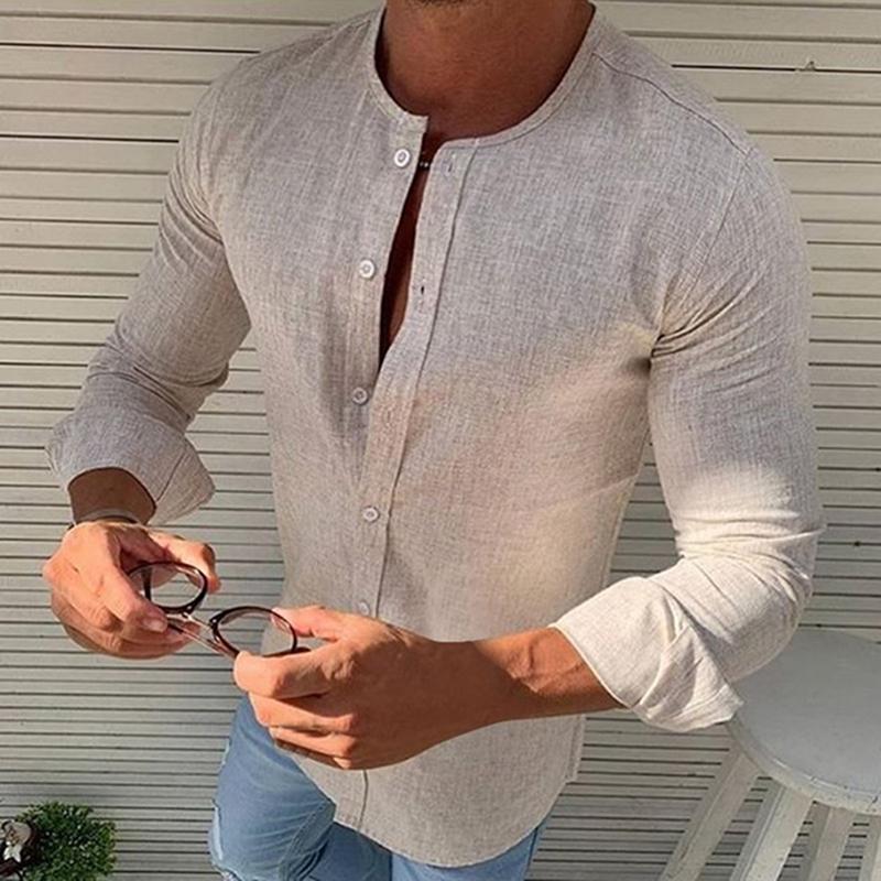 Fashion Men's Long Sleeve Spring Summer Collarless Full Sleeves Solid Color Single Breasted Slim Fit Comfortable Work Shirts Casual