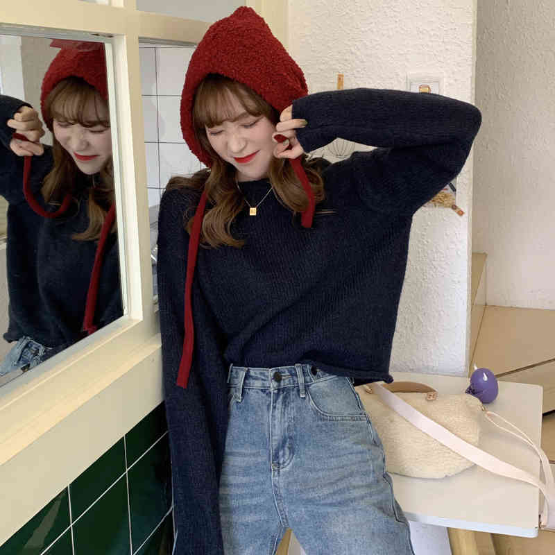 3 colors Korean style Basic short Knitted Sweater Women Autumn Winter soild Color roll up sweaters and pullovers womens (C9399) 210423