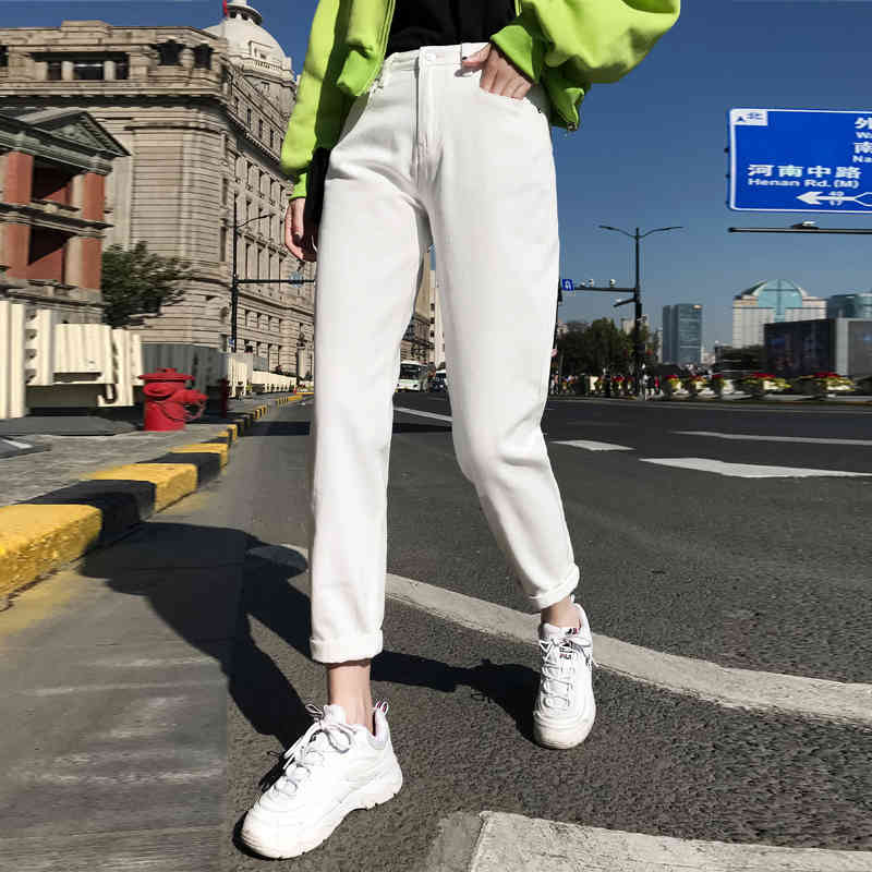 Cotton White Jeans Women High Waist Harem Mom spring Plus Size black jeans denim Pants beige Casual HC33H 210420
