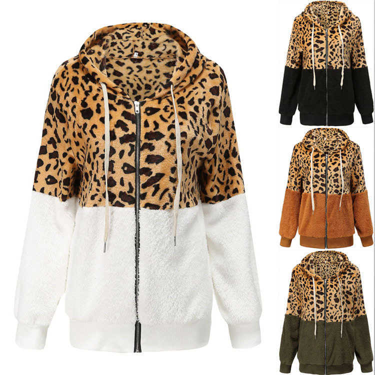Women' leopard stitching 2021 winter new coat plus thick Plush sweater hooded top, White
Women' leopard stitching 2021 winter new coat plus thick Plush sweater hooded top, White