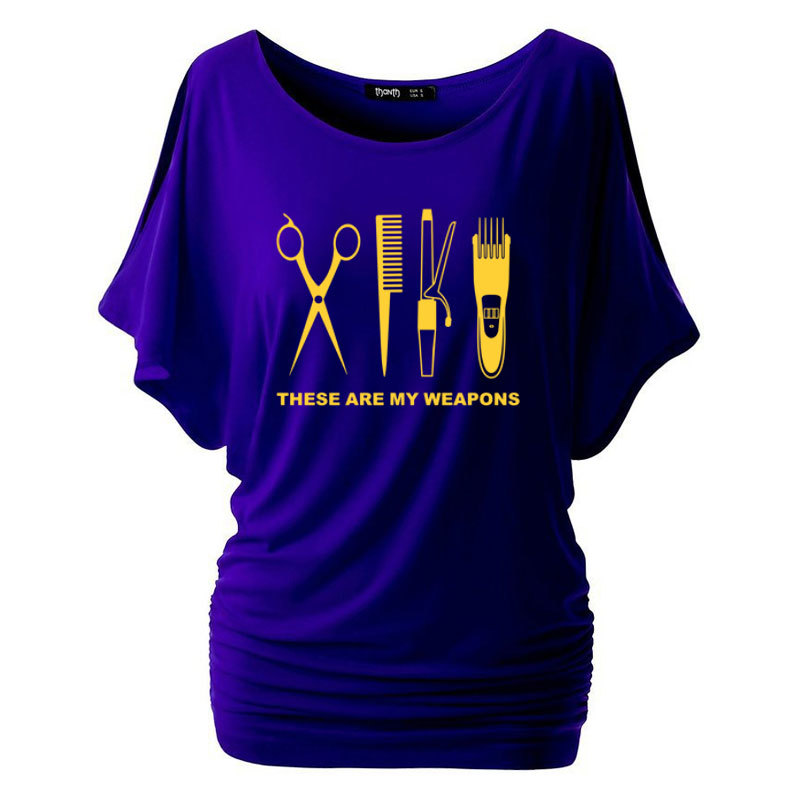 Summer Women Tshirt Hairdresser T Shirt Cool Printed Barber Weapons Woman Cotton Batwing Sleeve Scissors Girl Tops Tee Plus Size 210406