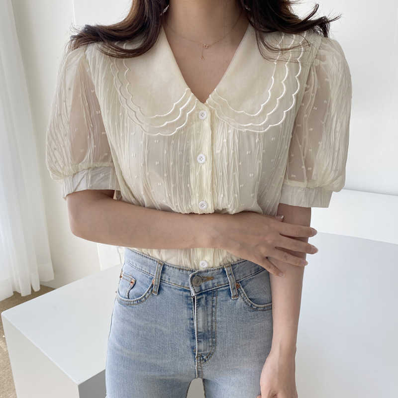 Korejpaa Women Shirt Summer Korean Gentle Doll Collar Lace Single-Breasted Three-Dimensional Jacquard Puff Sleeve Blouses 210526
