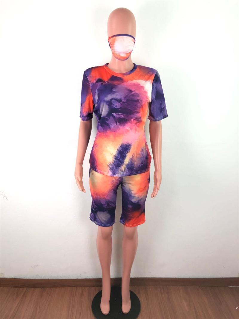 Tsuretobe Tie Dye Print 2 Piece Set Women Outfit Top And Biker Shorts Summer Clothes For 2021 Night Club Matching Sets Two Dress