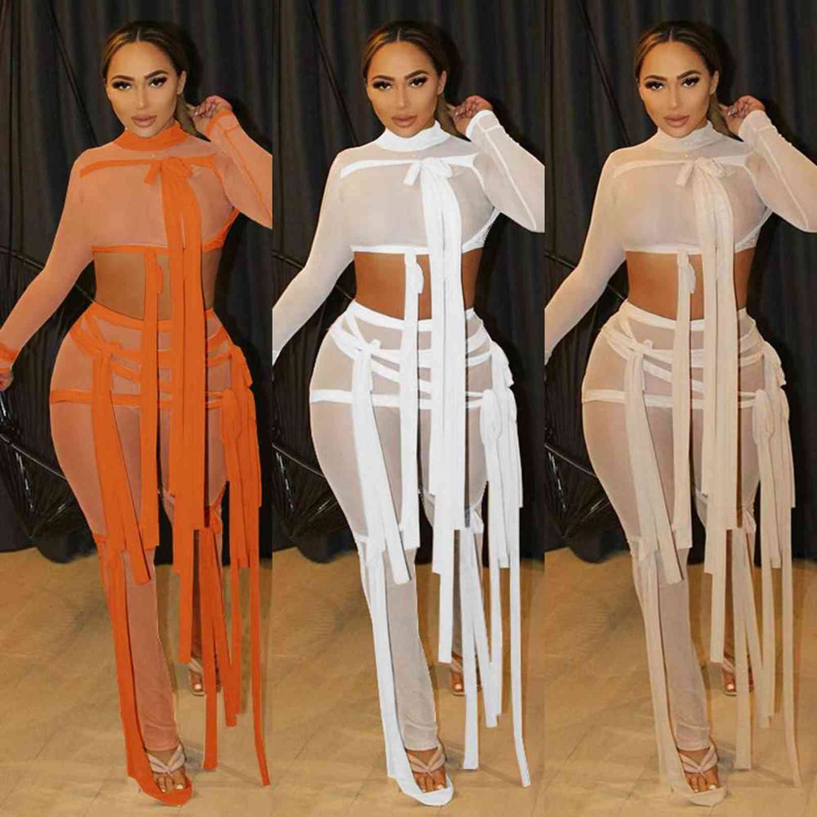Ribbons Hipster Sheer Mesh Sexy Two Piece Set Women Turtleneck Crop Top+Pants Solid Street See Through Matching Outfit 211105