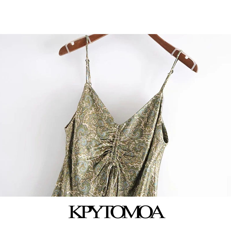 Women Chic Fashion With Bow Paisley Print Cozy Mini Dress V Neck Adjustable Straps Female Dresses Mujer 210420