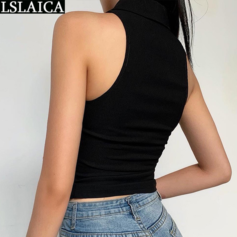 Drop Tank Top Black Rib Knit Drawstring Elegant Shirts Ruched Sport Fitness Turn-down Collar Sleeveless Chic Women 210515