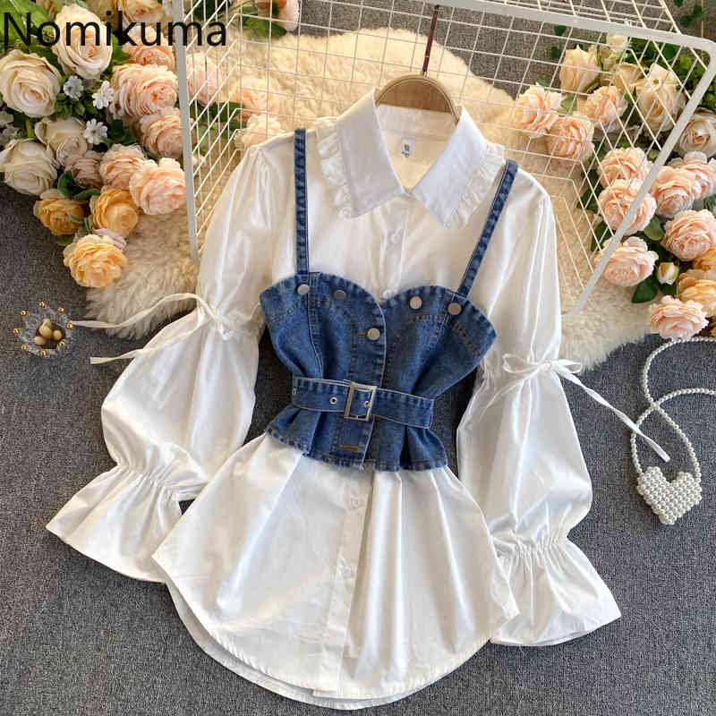 Nomikuma Korean Elegant Women 2piece Blouse Sets Tie Puff Sleeve Ruffle Turn-down Collar Blouse + Sashes Slim Demin Vest 6D904 210427