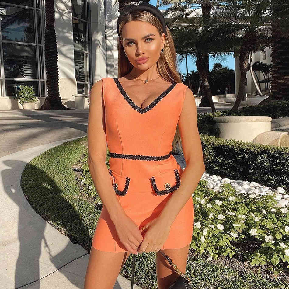 Free Style Female Bandage Dress Sexy V-neck Sleeveless Pocket Bodycon Mini Club Night Party Vestidos 210524