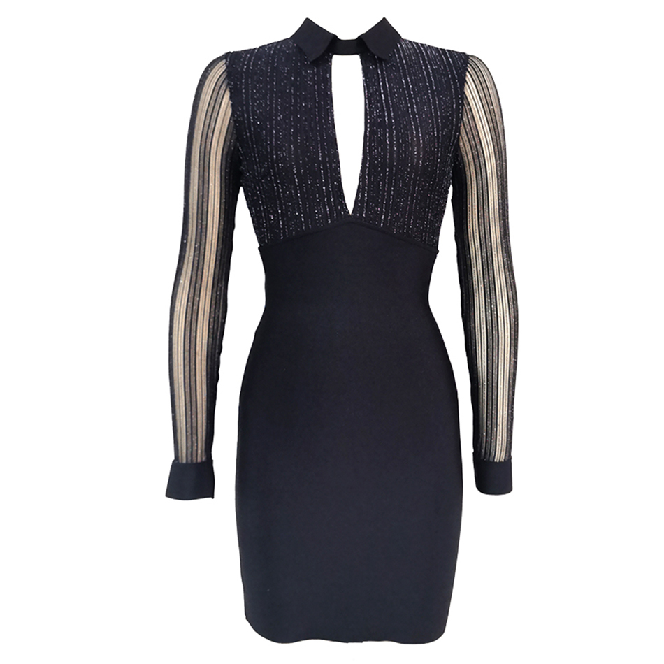 Spring Black Long Sleeve Hollow Bodycon Dress Ladies Sexy Lace Sequin Club Celebrity Party Vestidos 210423