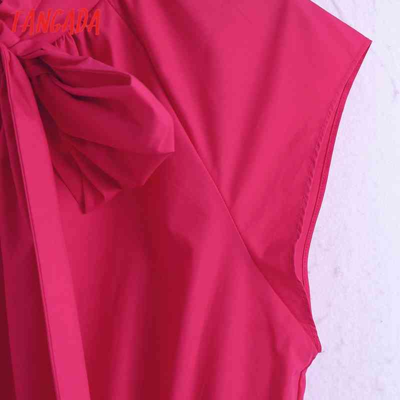 Women pink Summer Shirts Sleeveless Solid Bow Collar Elegant Office Ladies Tunic Blouses 6Z75 210416