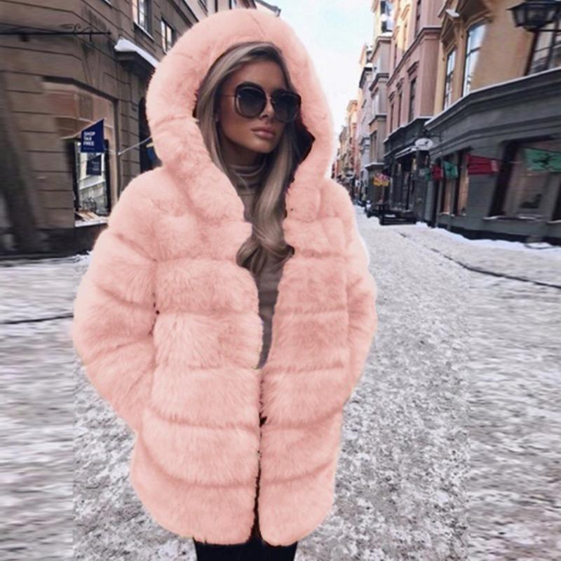 Winter Thick Warm Faux Fur Coat Women Plus Size Hooded Long Sleeve Jacket Luxury Bontjas Furry Womens Women's &
