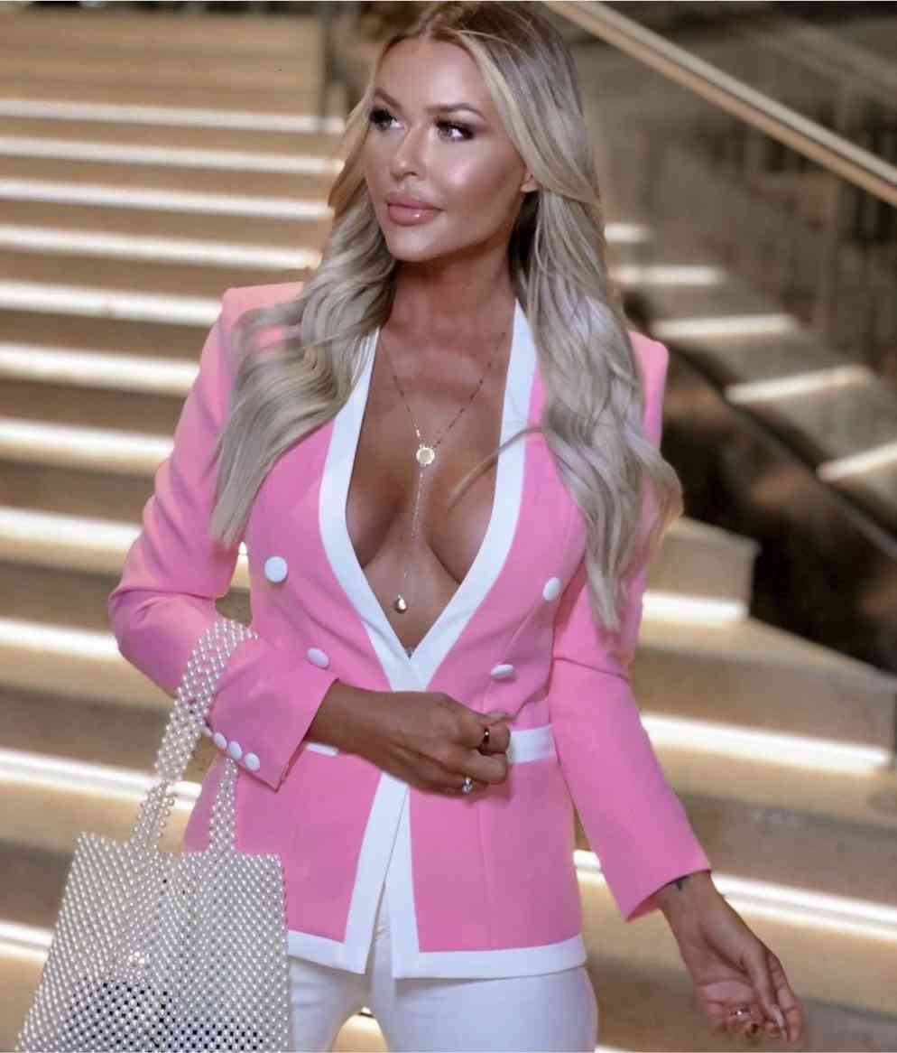Women's Suits & Blazers Plus Size XL Women Runway Fashion Sexy Long Sleeve Double Breasted Winter Pink Blazer Coat Designer Outwea