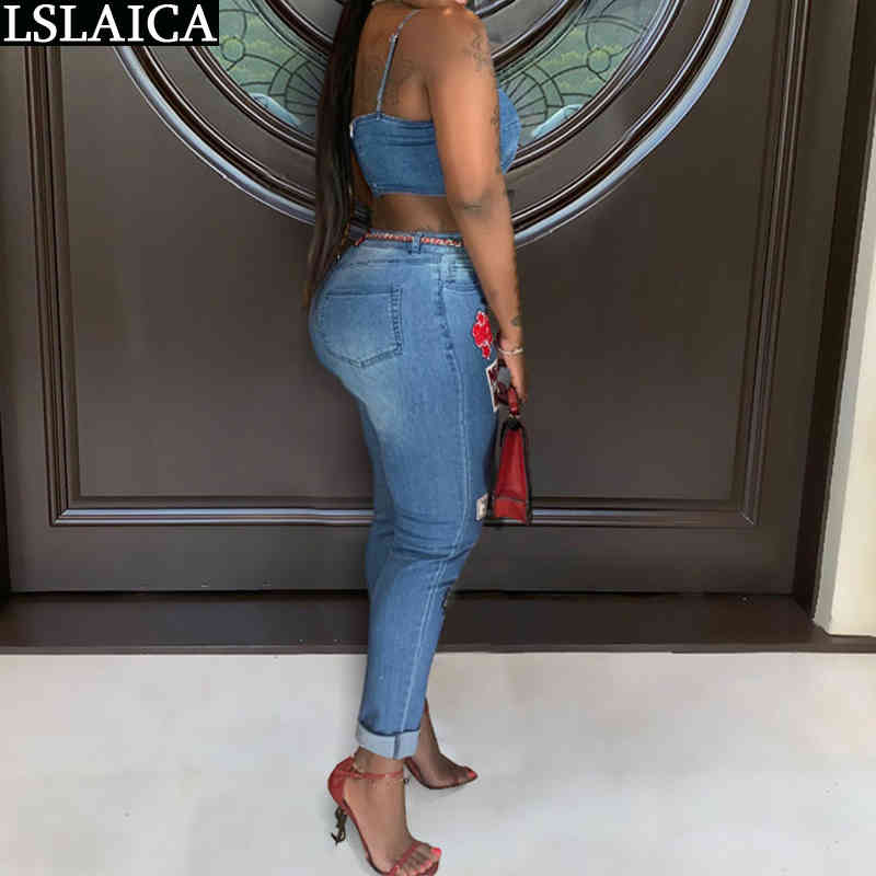 Denim Sexy Two Piece Set Women Summer Print Spaghetti Straps Crop Top Jeans High Waist Pencil Pants Casual Streetwear Suits 210515