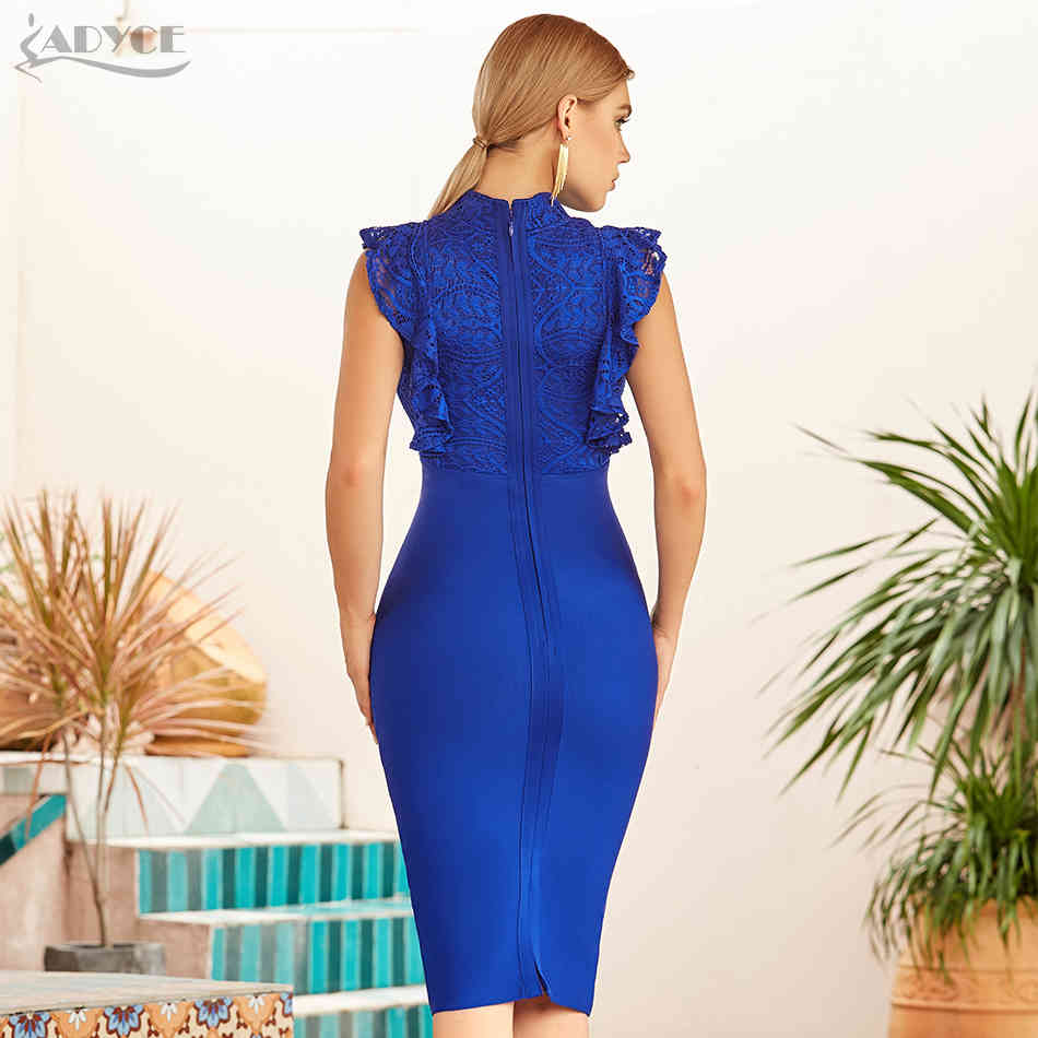 Summer Women Blue Lace Bodycon Bandage Dress Sexy Sleeveless Ruffles Midi Celebrity Runway Party Dresses Vestidos 210423