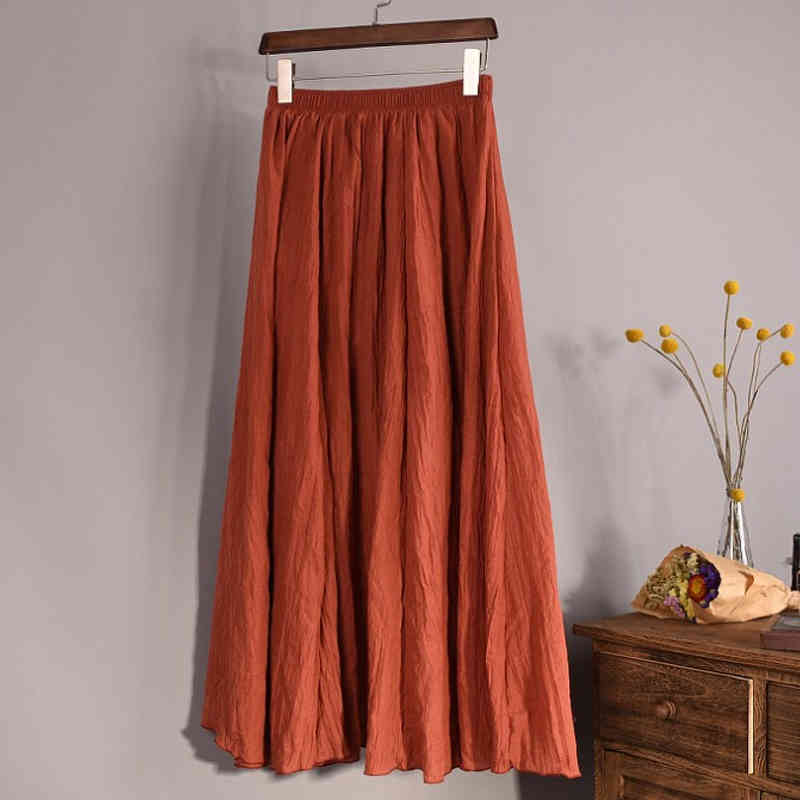 Vintage Spring Elastic Waist Cotton Linen Solid Pleated Long Skirts Summer Maxi Women Boho Beach Jupe 9956 210508