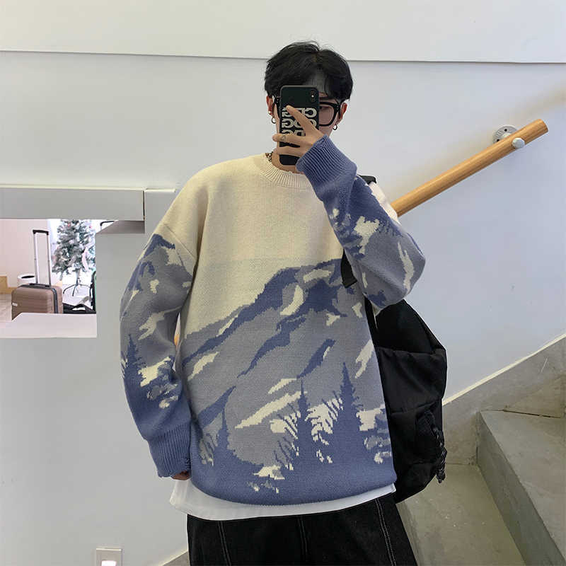 Sweater Men Streetwear Mountain Tree Pattern Hip Hop Autumn Pullover Spandex O-neck Oversize Couple Casual Men's Sweaters 210929