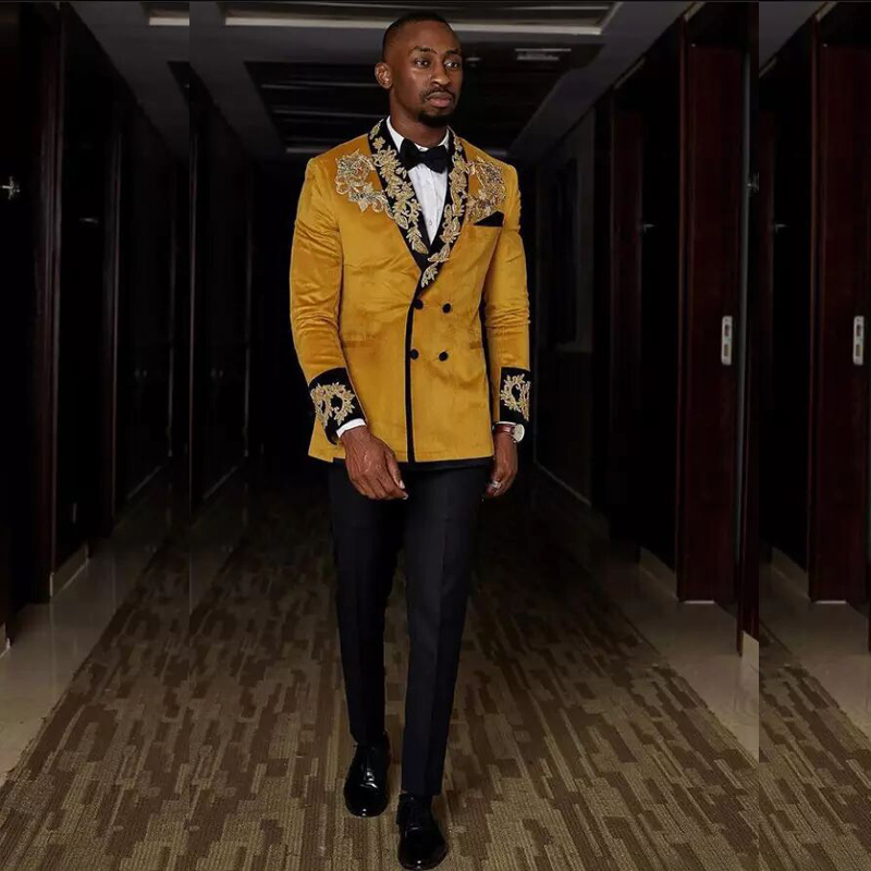 Yellow Veet Double Breasted Wedding Tuxedos Gold Appliques Slim Fit Two Mens Suit Business Wear Outfit 2 Pieces 0516