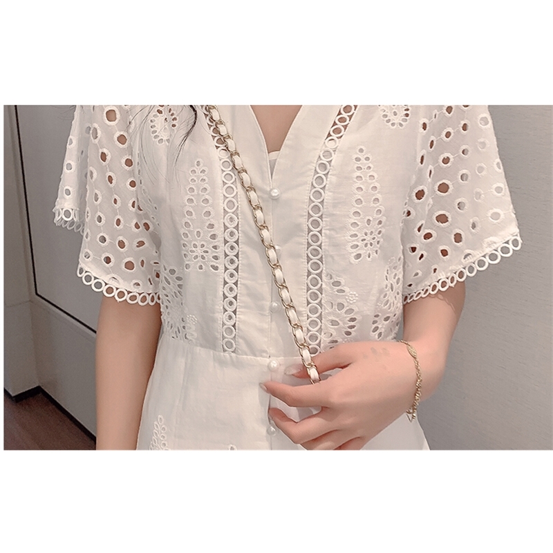 White Lace Hollow Out Embroidery Jumpsuit For Women Fashion Short Sleeve Slim Waist Summer Beach 210520