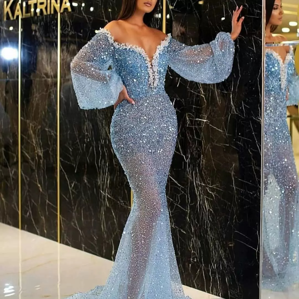 Mermaid Prom Evening Dresses Real Pictures Luxury Heavy Pearls Sequined Gowns Abiti Da Cerimonia Da Sera Formal Long Sleeves