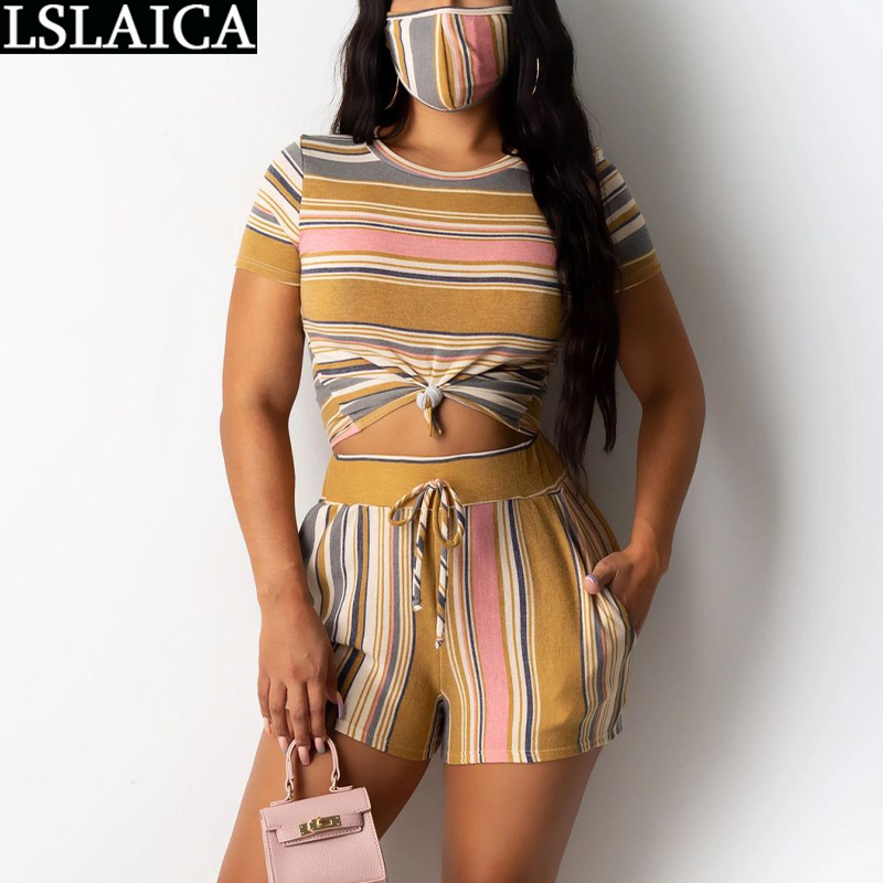 Set Woman 2 Pieces Short Sleeve Blouse&short Pants Striped Print Casual Two Piece Women Summer Fashion Office Lady 210520