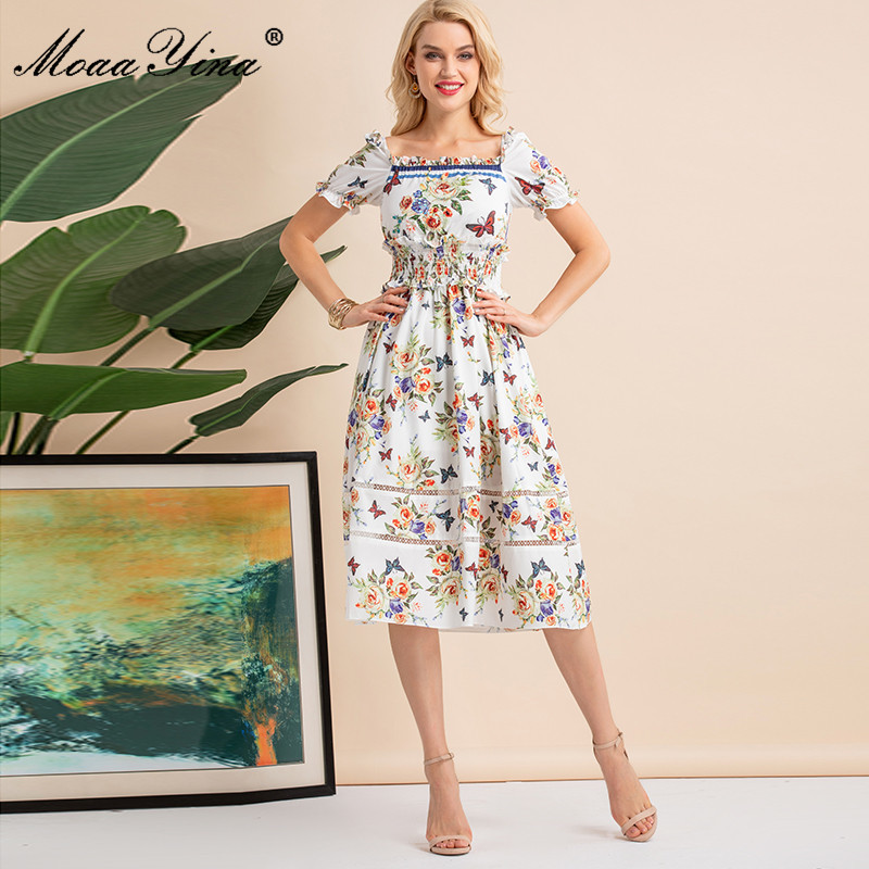 Summer Fashion Beading Printed Elegant Vacation Midi Dress Women's Elastic waist Floral Vintage Party 210524