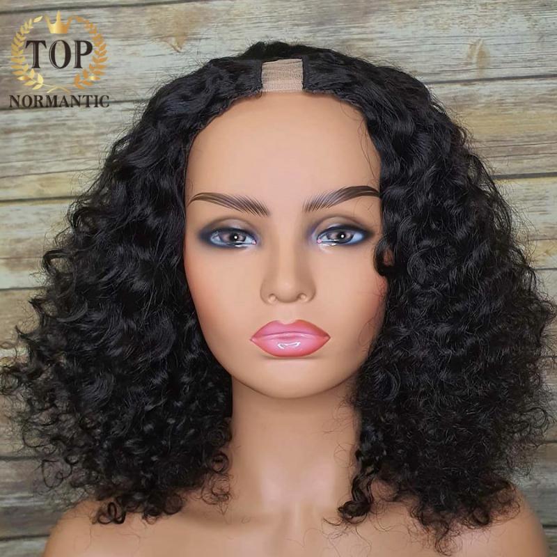 Topnormantic U Part Bob Wig Deep Curly Human Hair Remy Glueless Kinky For Black Women Lace Wigs