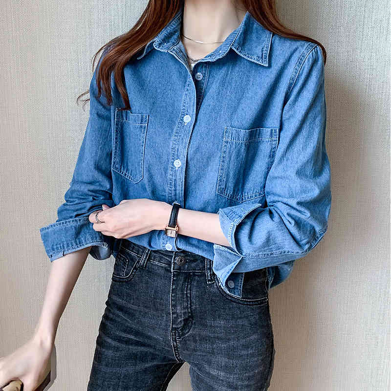 Autumn Loose Denim Women's Blouse Casual Blue Long Sleeve Cardigan Shirts Women Solid Ladies Clothing Blusas Mujer 11967 210508