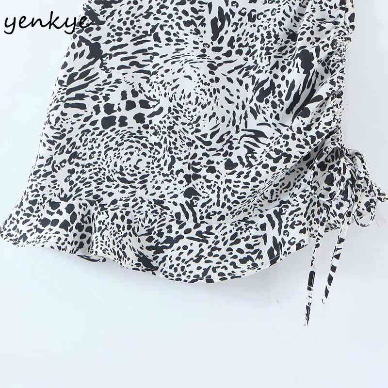 Vintage Animal Print Sexy Skirt Women Side Drawstring High Waist Asymmetric Mini Hem Ruffle Summer Jupe Femme 210430