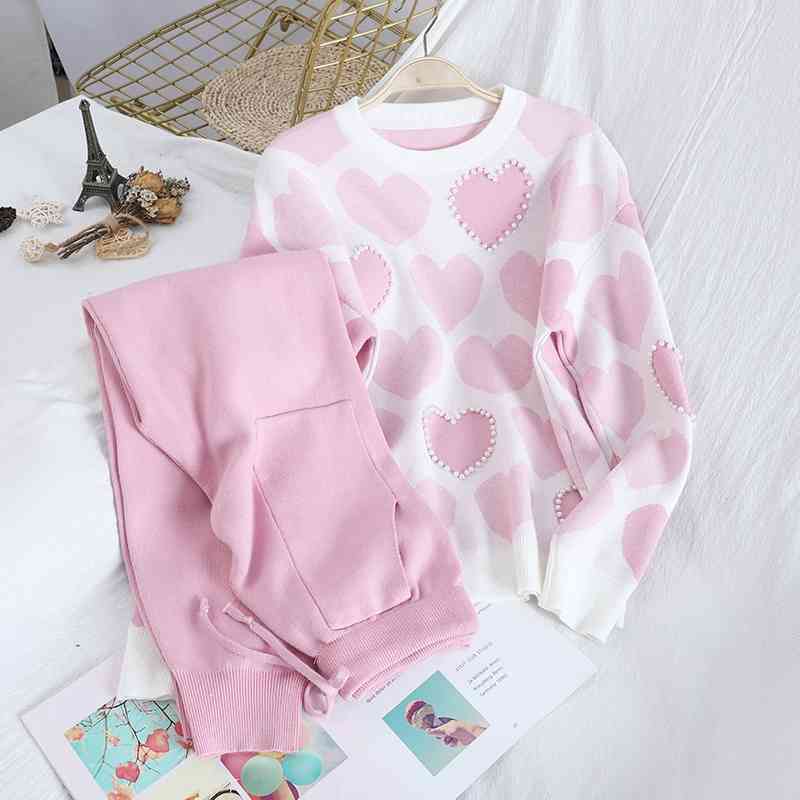 Spring Fall Fashion sweet Love print Beading Pullover Tops + Double pocket Lace up Trousers Knit Two-piece Sets Women 210525, Picture color
Spring Fall Fashion sweet Love print Beading Pullover Tops + Double pocket Lace up Trousers Knit Two-piece Sets Women 210525, Picture color