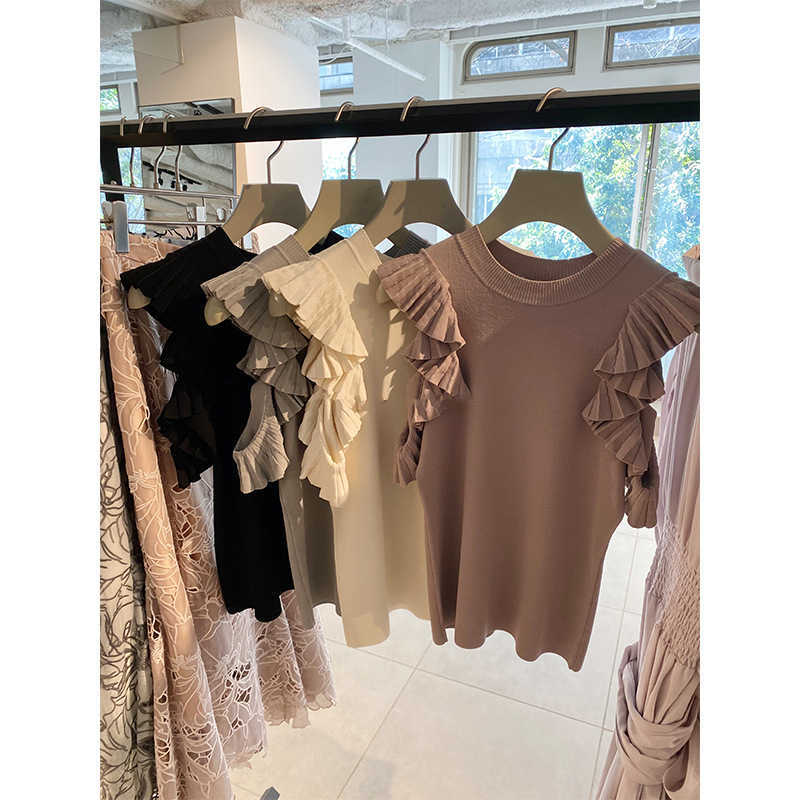 Elegant Solid Ruffles Pleated Shoulder Strapless Sweaters Japan Style Knit Pullovers Summer All-math Women Tops 210525
