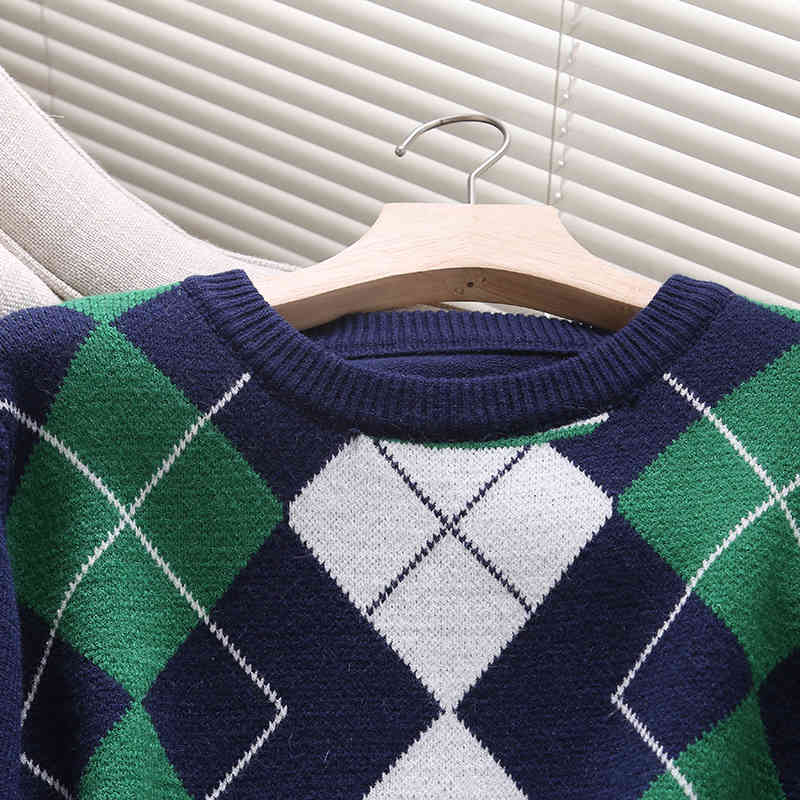 streetwear women o-neck sweater fashion ladies plaid causal female full sleeve tops girls slim woollen 210430