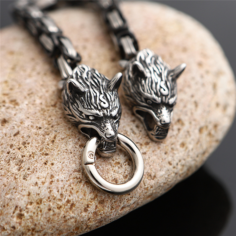 Norse Viking Wolf Head Bracelet Men Never Fade Stainless Steel Gold Square King Chain Bangles Street Culture Accessories Jewelry