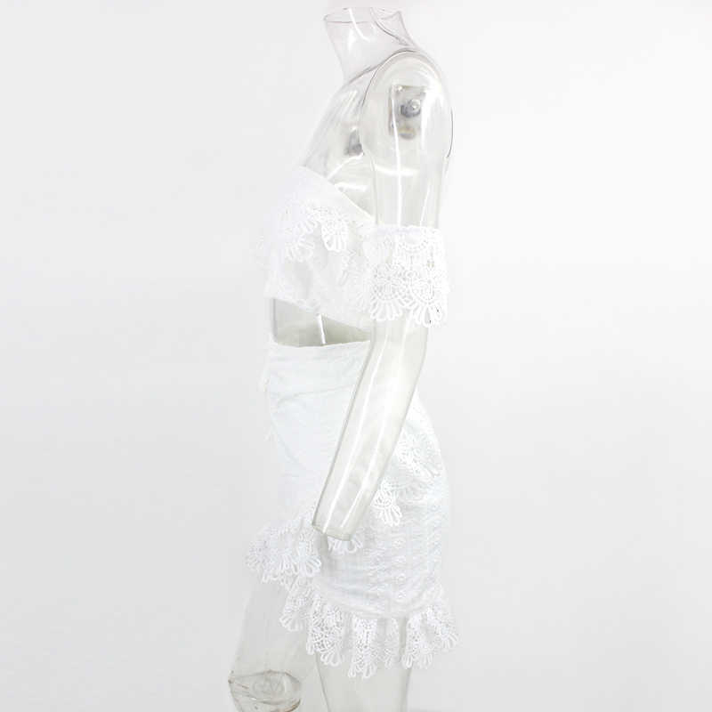 DEAT Summer White Lace Hollow Out Bandage Bodycon Slash Neck Short Top Mini Skirt Two Piece Set Women Outfits MI629 210708