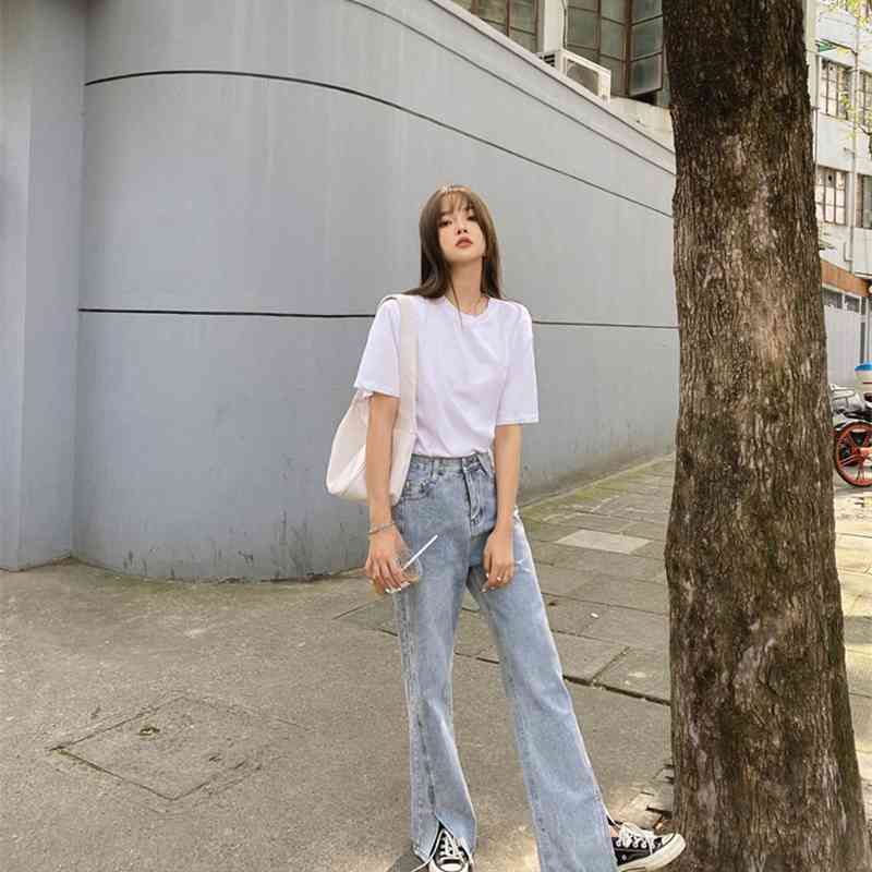 High Waist Jeans For Women Vintage Long Denim Pants Female All-match Korean Style Casua Solid Straight Trousers 210922
