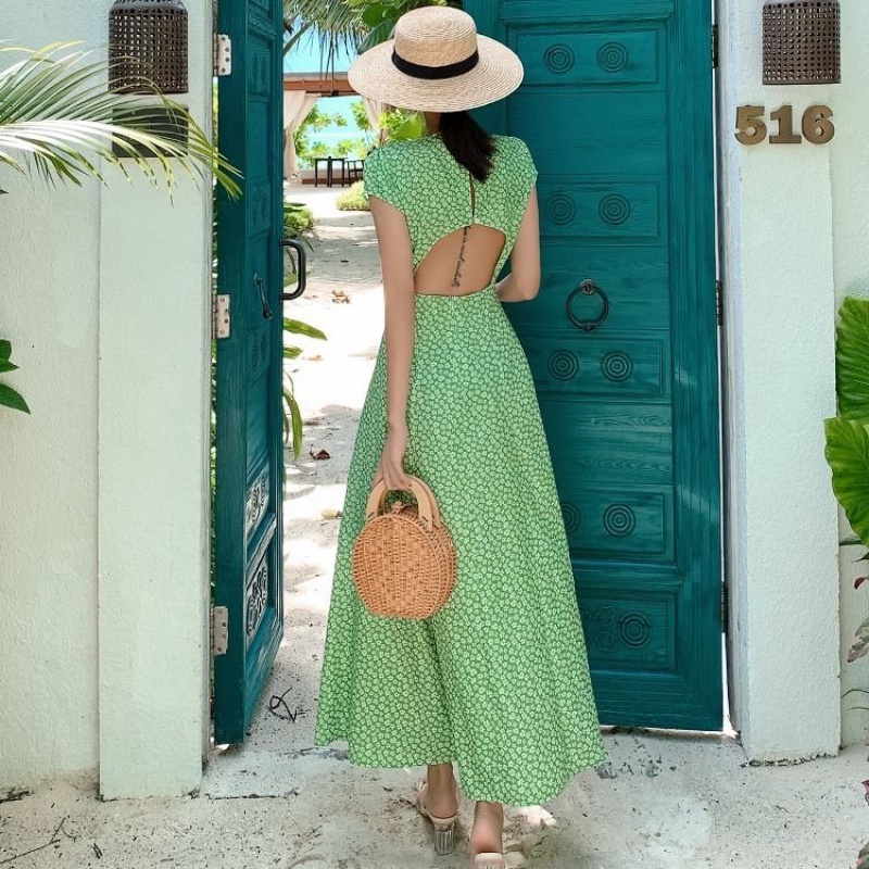 Bella Philosophy Women Summer Sexy Backless Midi Dress Vintage Print Floral Split Boho Dress Casual Holiday Lady Beach Dress 210409