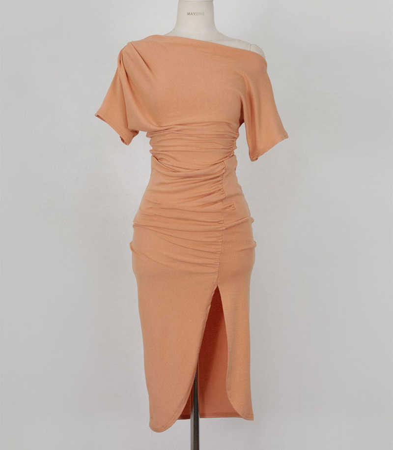 WOMENGAGA Korea summer sexy slim Strapless Diagonal collar fold show thin split long dress dresses robe maxi C0GH 210603