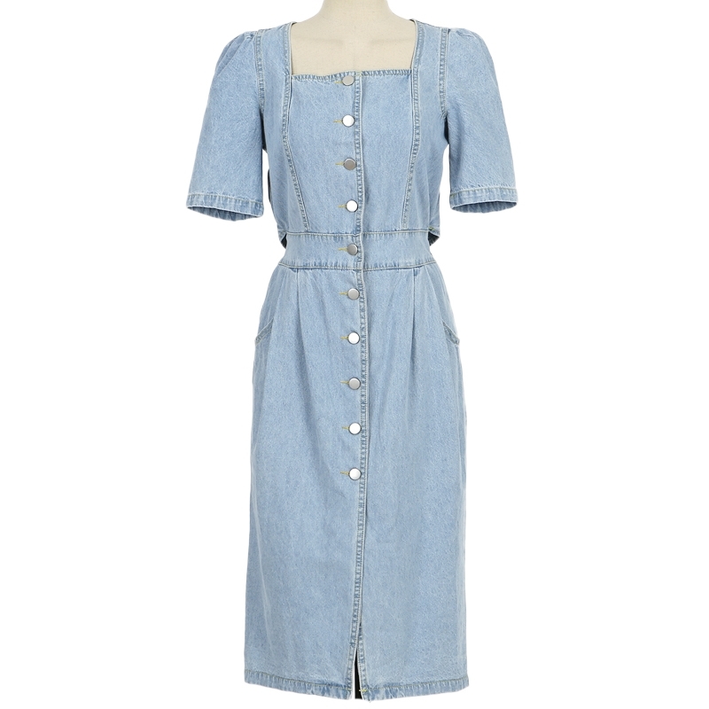 Women Denim Dress Summer Vintage High Elastic Waist Hollow Out Sexy backless Single-breasted Street Fashion Long 210520