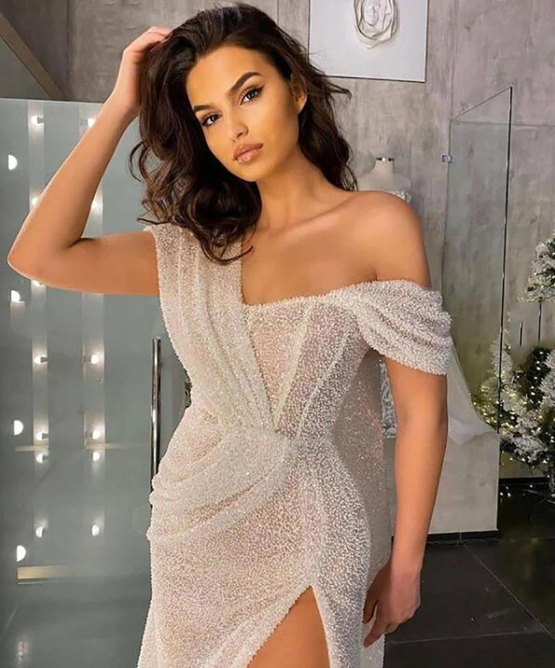 Shoulder One Sequined Mermaid Evening Dresses Side Split Sweep Train Formal Prom Party Gowns Robe De Soiree