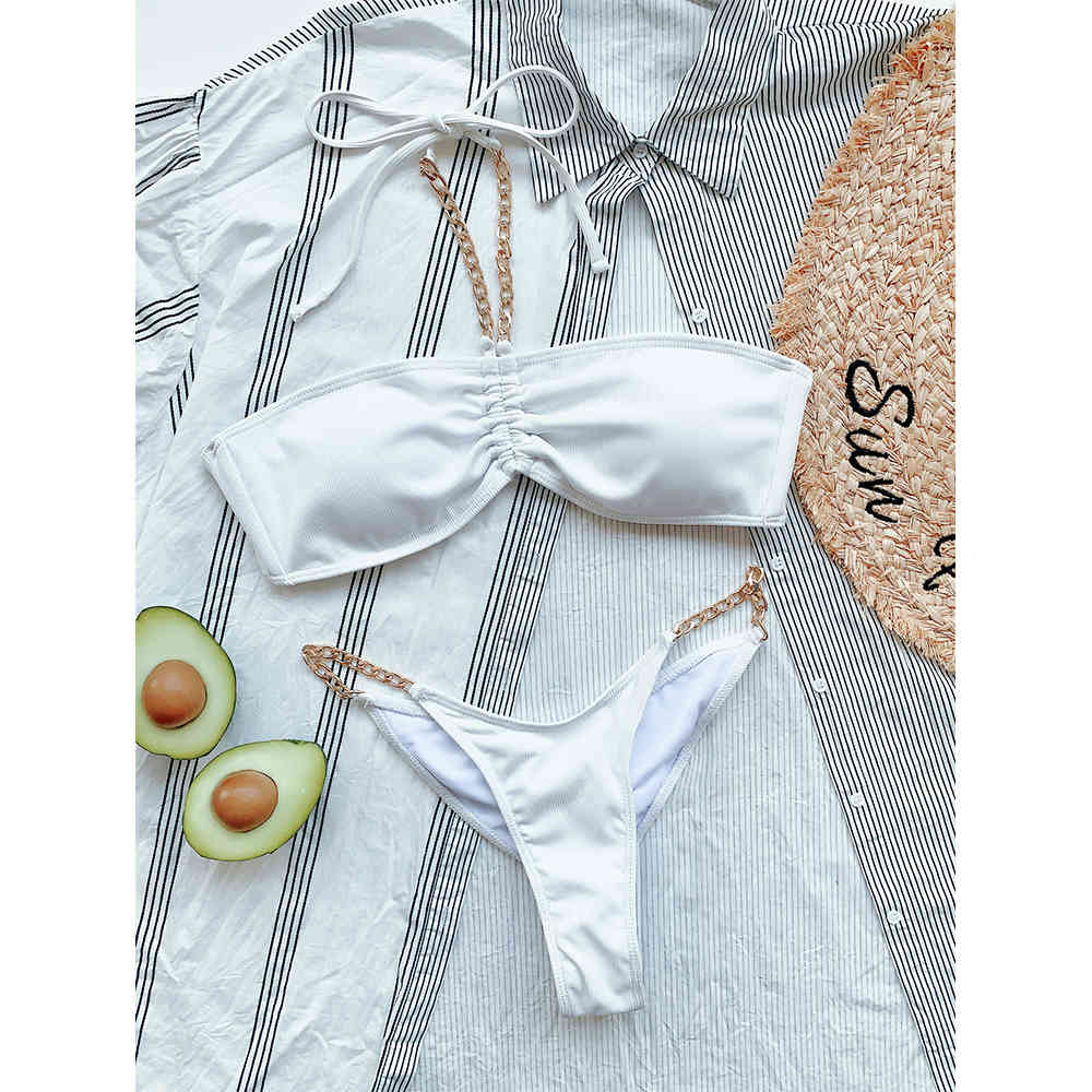 Sexy Chain Bikini Women Bandeau Push Up Swimwear Female White Swimsuit Two Pieces Set Bather Bathing Suit Beachwear 210521