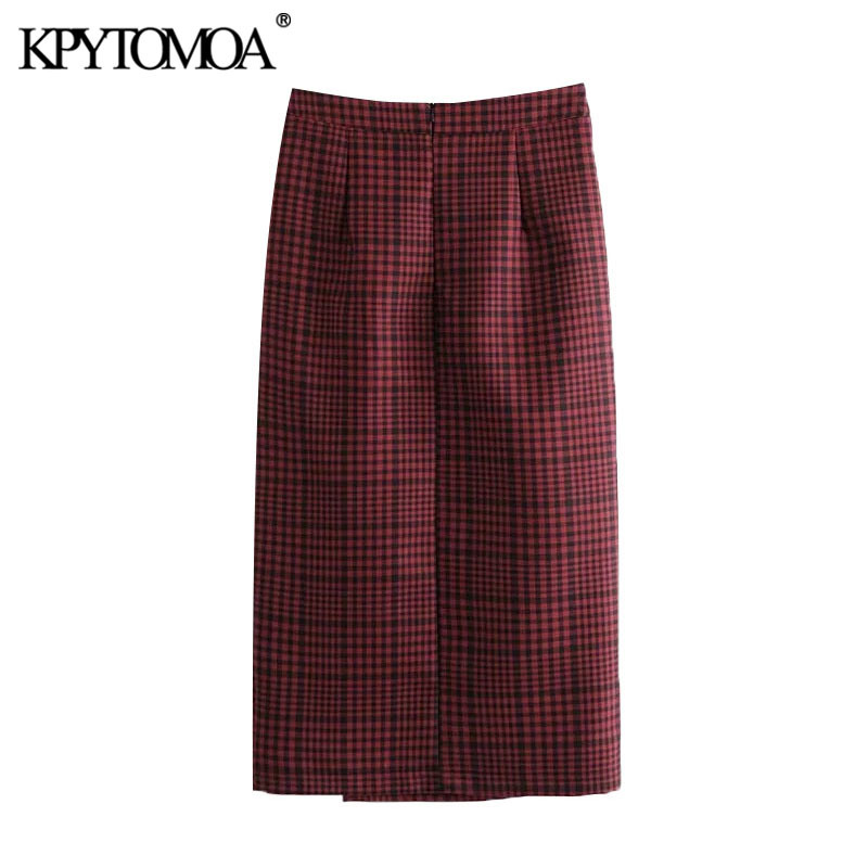 Women Chic Fashion Pleated Side Vents Check Midi Skirt High Waist Back Zipper Female Skirts Mujer 210420