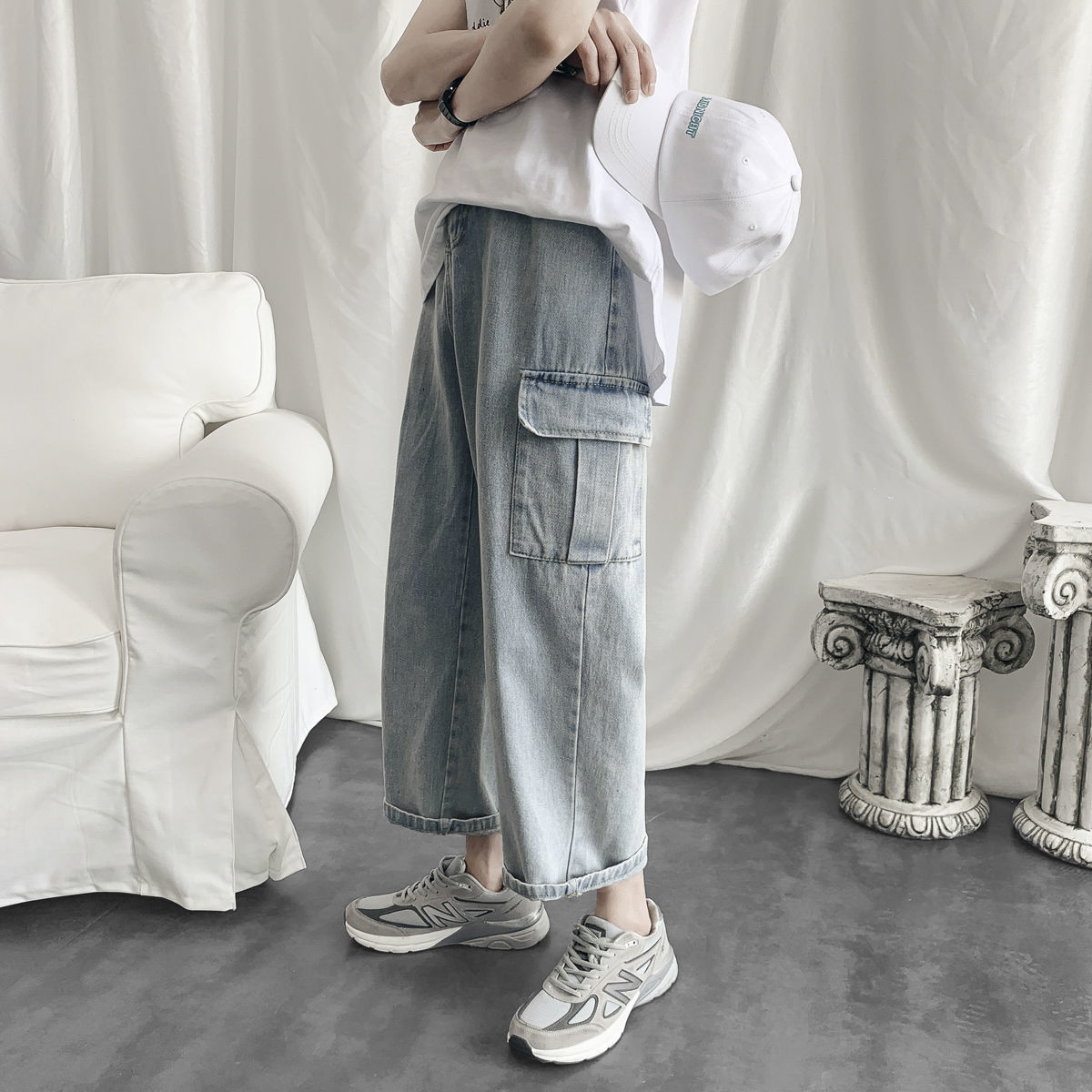 Men's Baggy Homme Casual Pants Cargo Pocket Wash Jeans Blue Color Haren Pants Biker Denim Trousers Plus Size S-2XL 210524