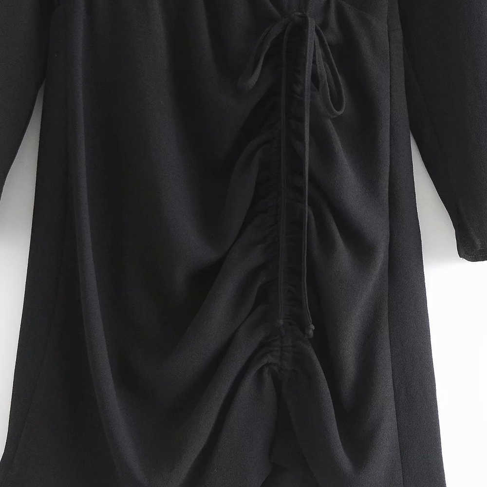 Women Dress V-neckline Long Sleeves Elastic Waist Draped Short Mini Dress for Women Femme Robe Ropa Mujer Vestidos 210709