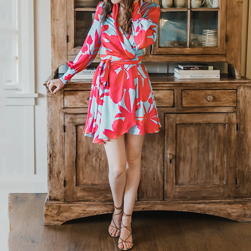 Women Dress V-neck Long Sleeve Vintage Printing es Woman Plus Size Sexy Short Summer Beach Fashion 210524