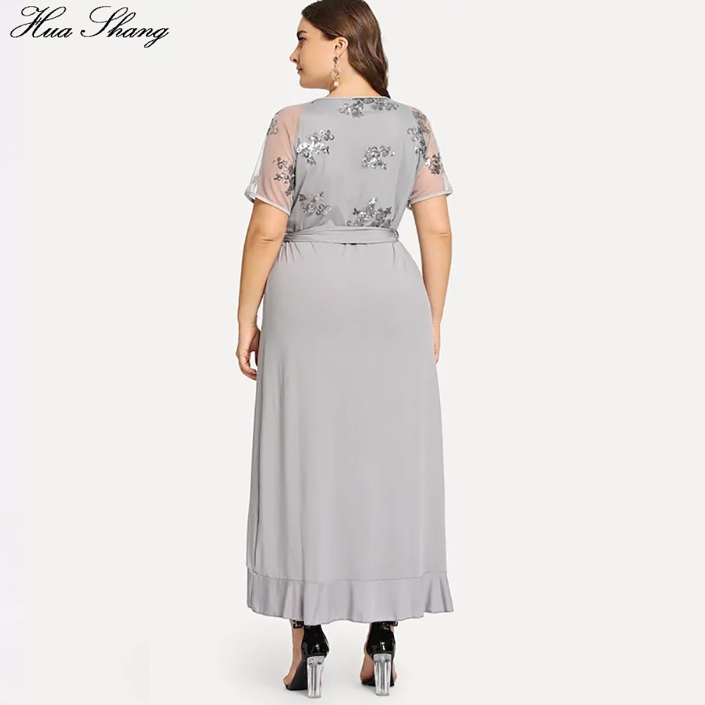 Women Summer Casual Dress Plus Size Female V Neck Short Sleeve Sequied Party Dresses Ruffles Irregular Maxi Long Dress 210331
