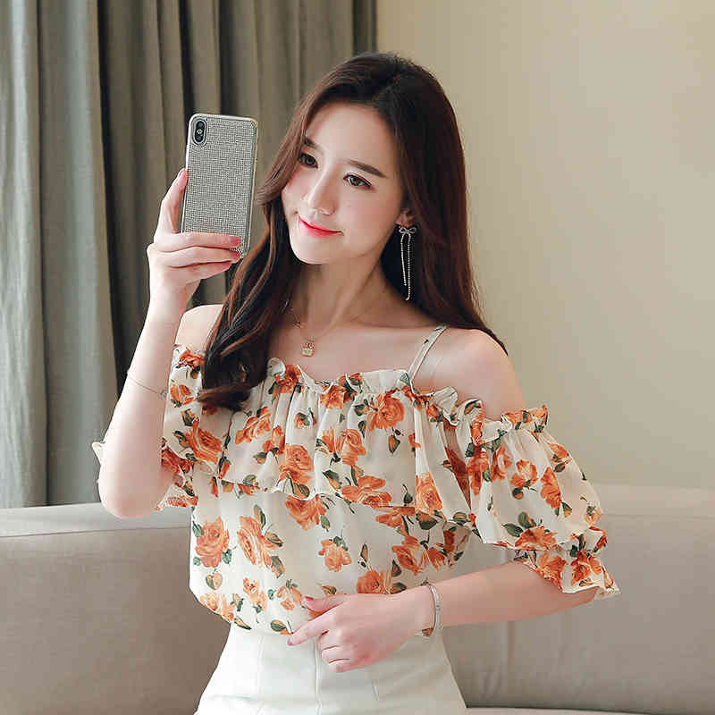 Floral Chiffon Shirt Summer off-the-Shoulder Ruffled Short-Sleeved Tops Women Camisas Mujer womens clothing 698C 210420