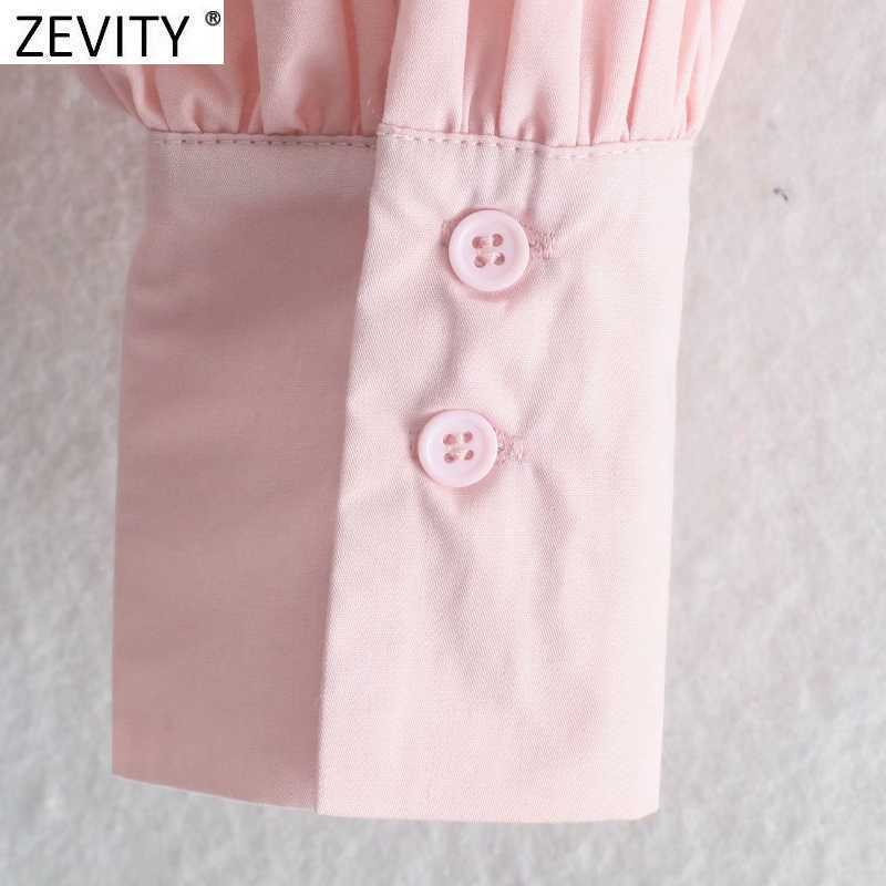 Zevity Women Sweet Agaric Lace Hollow Out Embroidery Casual Pink Blouse Femme Long Sleeve Ruffles Roupas Chic Blusas Tops LS9213 210603