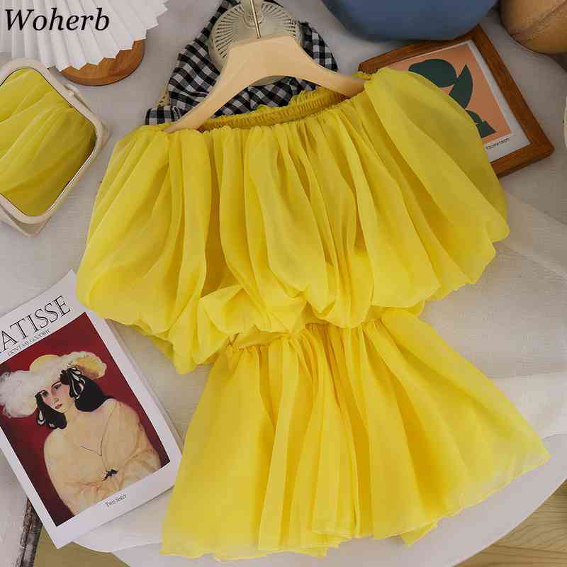 Women Sweet Ruffles Blouse Sexy Off Shoulder Blusas Solid Elegant Puff Sleeve Ladies Summer Korean Shirts Chic Tops Mujer 210519