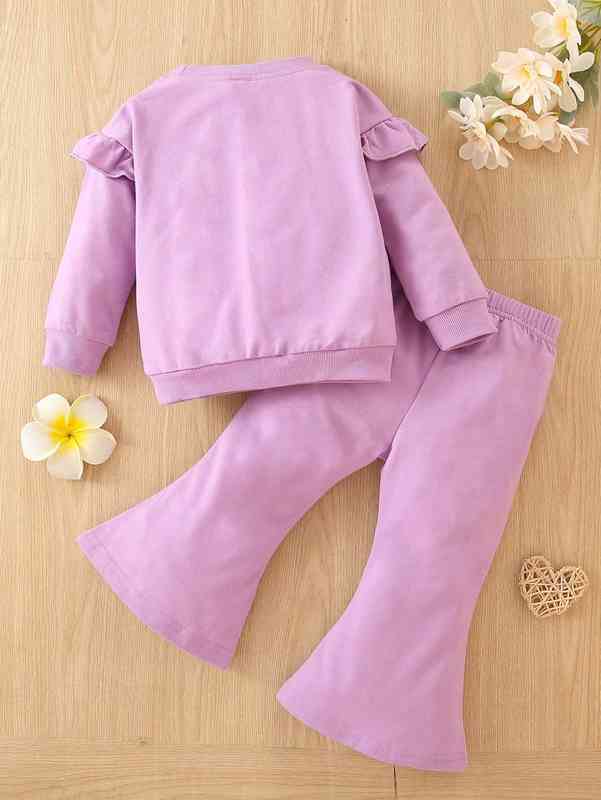 Baby Letter Graphic Ruffle Trim Pullover & Flare Leg Pants SHE