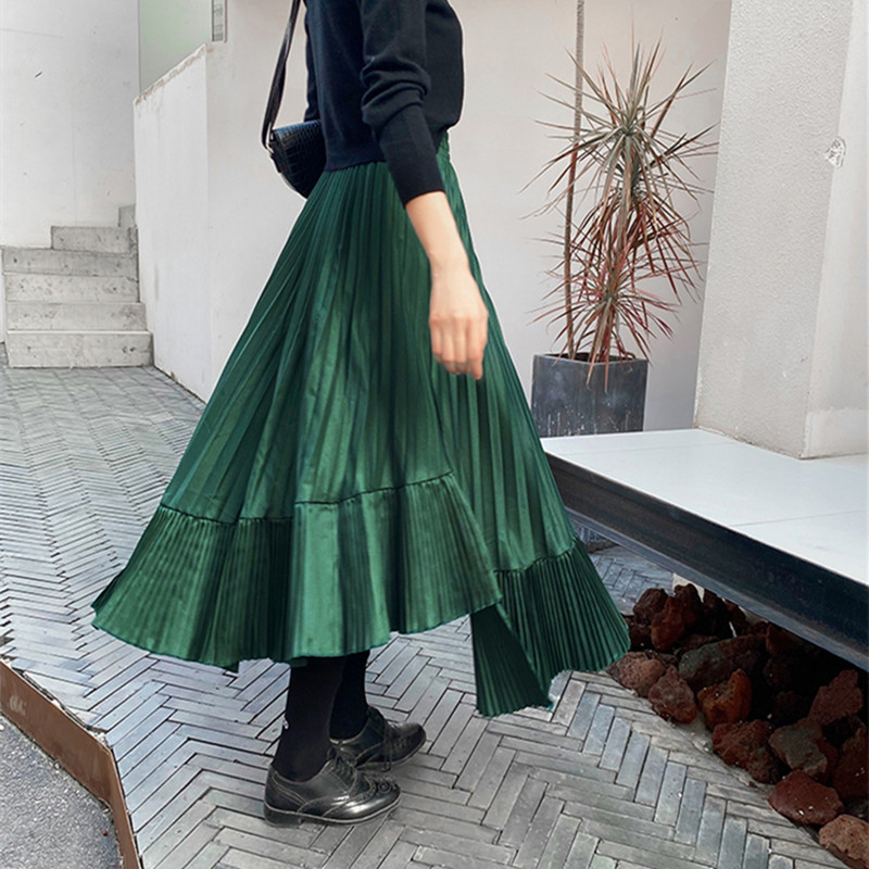 OL Elegant Women High Waist Vintage Irregular Pleated Skirt Autumn Winter Formal Plus Size Solid Long Skirts Womens 210421
